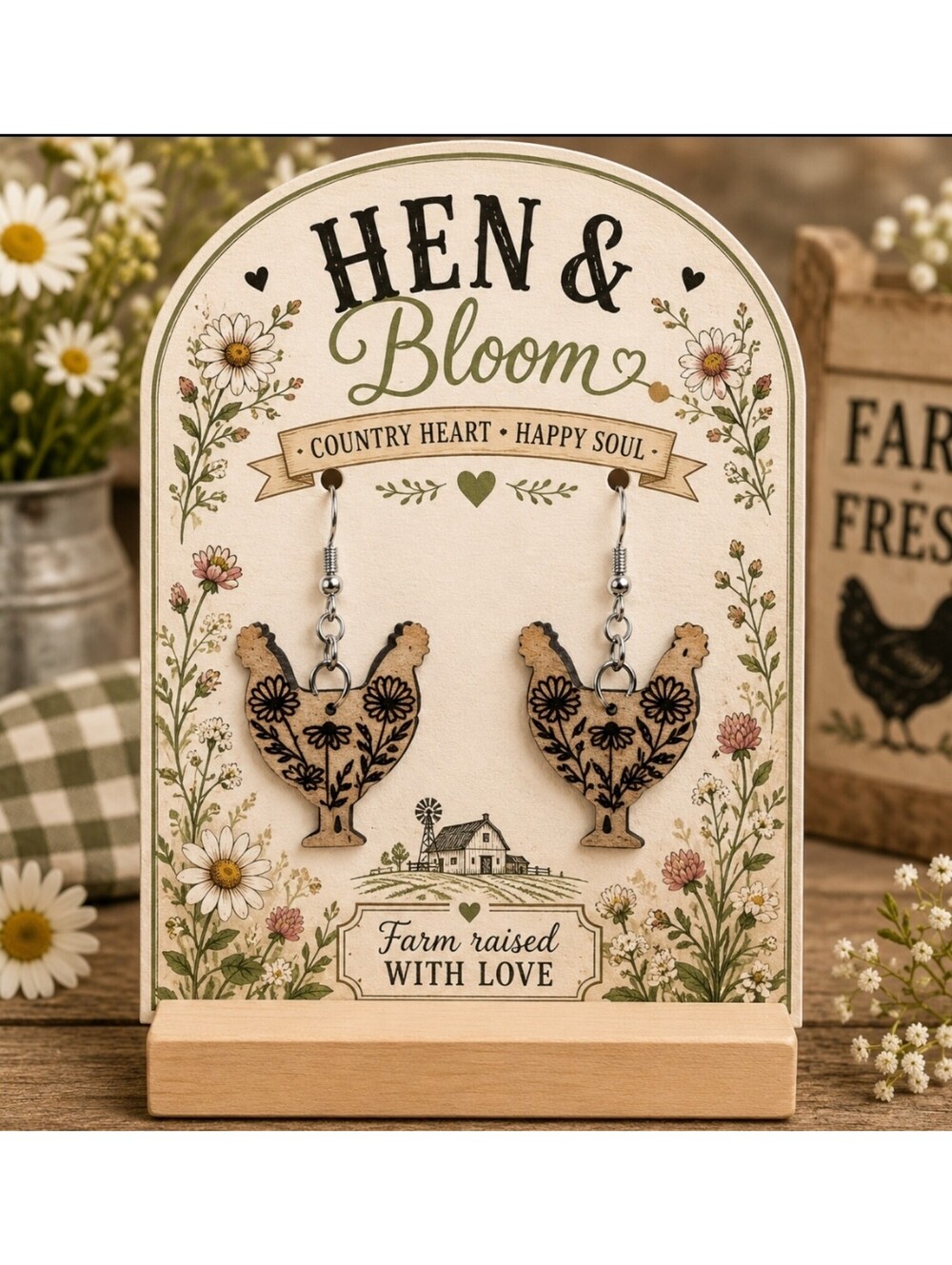 Hen & Bloom Country Floral Chic Wood Hypoallergenic Dangle Drop Earrings